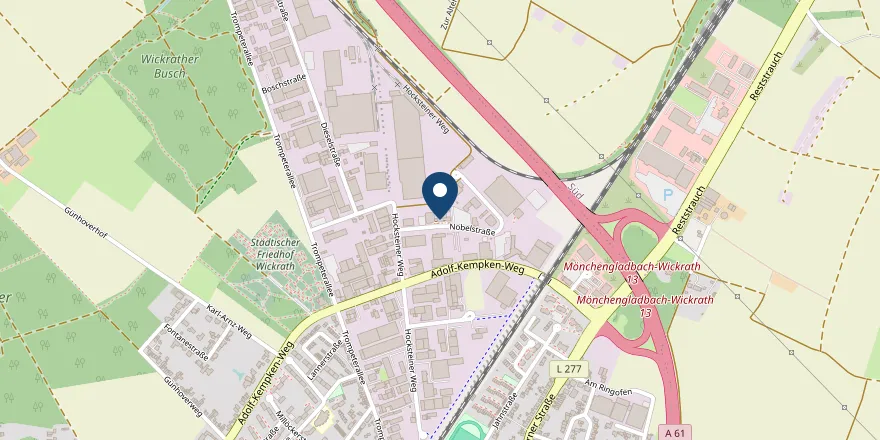 Karte: Lage der Kanzlei, Nobelstr. 3-5 in Mönchengladbach-Wickrath, nahe der A 61